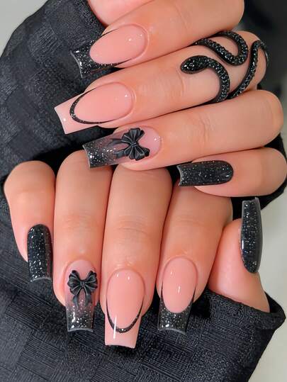 Upgrade Your Look With 24pcs Medium Square Shape Press On False Nails Adorable Pink French Tips With Black Accents Light Pink False Nails Luxurious Black Gradient Design Cute Black Bow With Rhinestones Classic Black French Tips Dreamy Silver Glitter False Nails Full Coverage Fake Nail Kit For Women And Girls Includes 1sheet Adhesive Tabs & 1pc Mini Fils Strip Jelly Gel Random Shipment