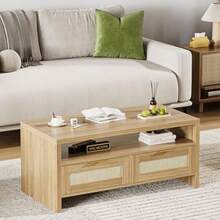 Mesa de centro de madera estilo rústico con 2 cajones y estante - 100 cm, tablero grueso y detalles de ratán - Mesa de salón con espacio para TV, consola multimedia para una sala de estar moderna - Marrón - Ver 2