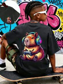 Tween Boy Casual Graphic Print Crew Neck Short Sleeve T-Shirt, Summer Top - Dark Grey - View 3