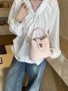 1pc Soft PU Leather Tote Bag With Metal Lock Decor, Pastel Color, Convertible Shoulder/Crossbody Bag, Gentle Style For Daily Use - Pink - View 3