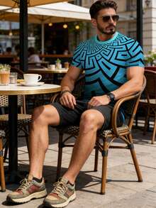 3D数码印花渐变蓝至藏青色迷宫图腾图案宽松圆领卫衣，适合街头服饰、派对和日常通勤，展现独特的几何美学和个人风格。 - 彩色 - 查看 4