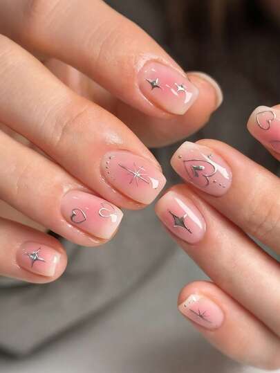 24pcs Short Square Press On Nails, Middle Eastern Pink Gradient Silver Heart And Star Design Nude Short Nails Full Cover Glossy False Nails Set, Include: 1pc Jelly Glue And 1pc Nail File, Easy To Wear Daily Fake Nails & French Tip Nails Press On Art For Women And Girls Daily Life