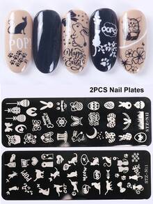 2pcs Cute Festive Easter Nail Stamping Plates Easter Rabbit Egg Cartoon Cat Image Painting Templates Gel Polish Stencil Tools Steel Nail Molds - Silver - View 9