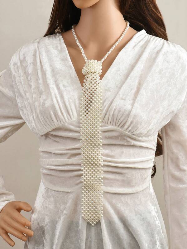 1pc Elegant Handmade Beaded White Tie Necklace, Vintage Palace Style Accessory For Women's Formal Dress, Party & Banquet, Ideal Gift