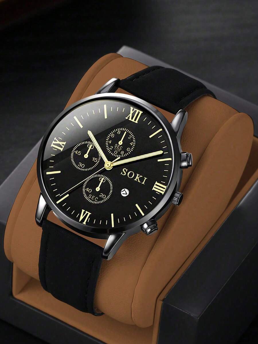 SOKI SOKI 1 chiếc đồng hồ nam có chức năng lịch, mặt tròn thời trang, máy quartz, dây đeo PU, thích hợp đeo hàng ngày, làm quà sinh nhật, quà dự tiệc, quà tặng ngày lễ, quà tặng lý tưởng cho bản thân hoặc bạn bè. Không kèm hộp đựng.