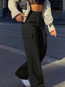 Spring Summer Women's Casual Y2K Street Black Straight Leg Casual Pants, Vacation Beach Office School Outfits For Women - 黑色 - 查看 5