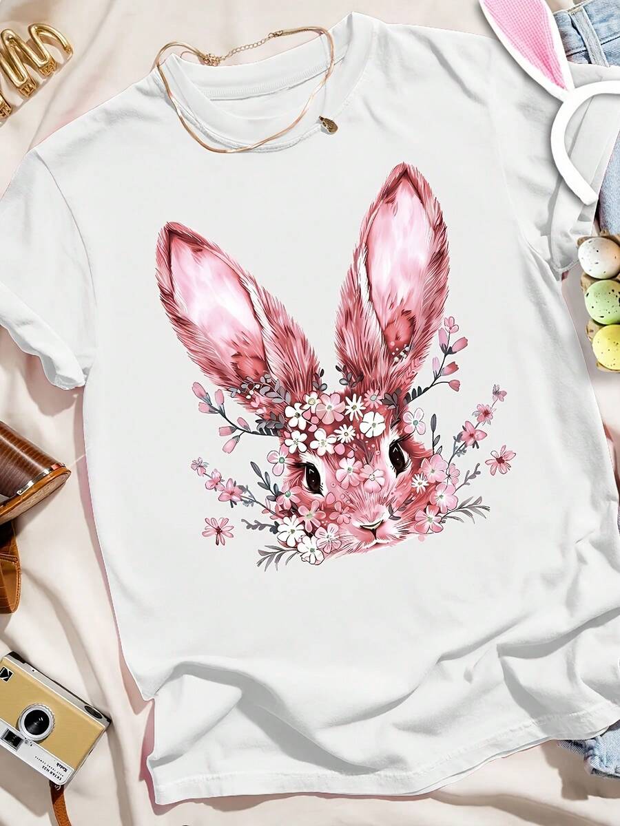 Camiseta De Mujer Con Orejas De Conejo De Pascua - Blusa De Manga Corta Y Cuello Redondo, Top Semi-Transparente Con Estampado De Orejas De Conejo, Blusa Casual De Primavera-Verano, Ideal Para Regalos De Cumpleaños, Regalos Para Hermanas, Regalos Para Amigas, Lavable A Máquina - [Blanco] - Ver 1