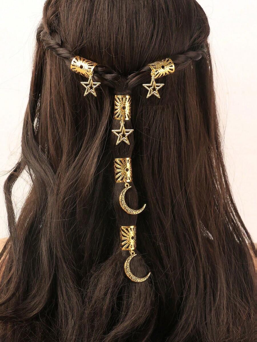 Set de 2/5 piezas de accesorios para el cabello trenzado de mujer, diseño de estrellas y lunas, adecuado para festivales, fiestas, uso diario, colgantes, regalos, Ramadán - Dorado - Ver 1