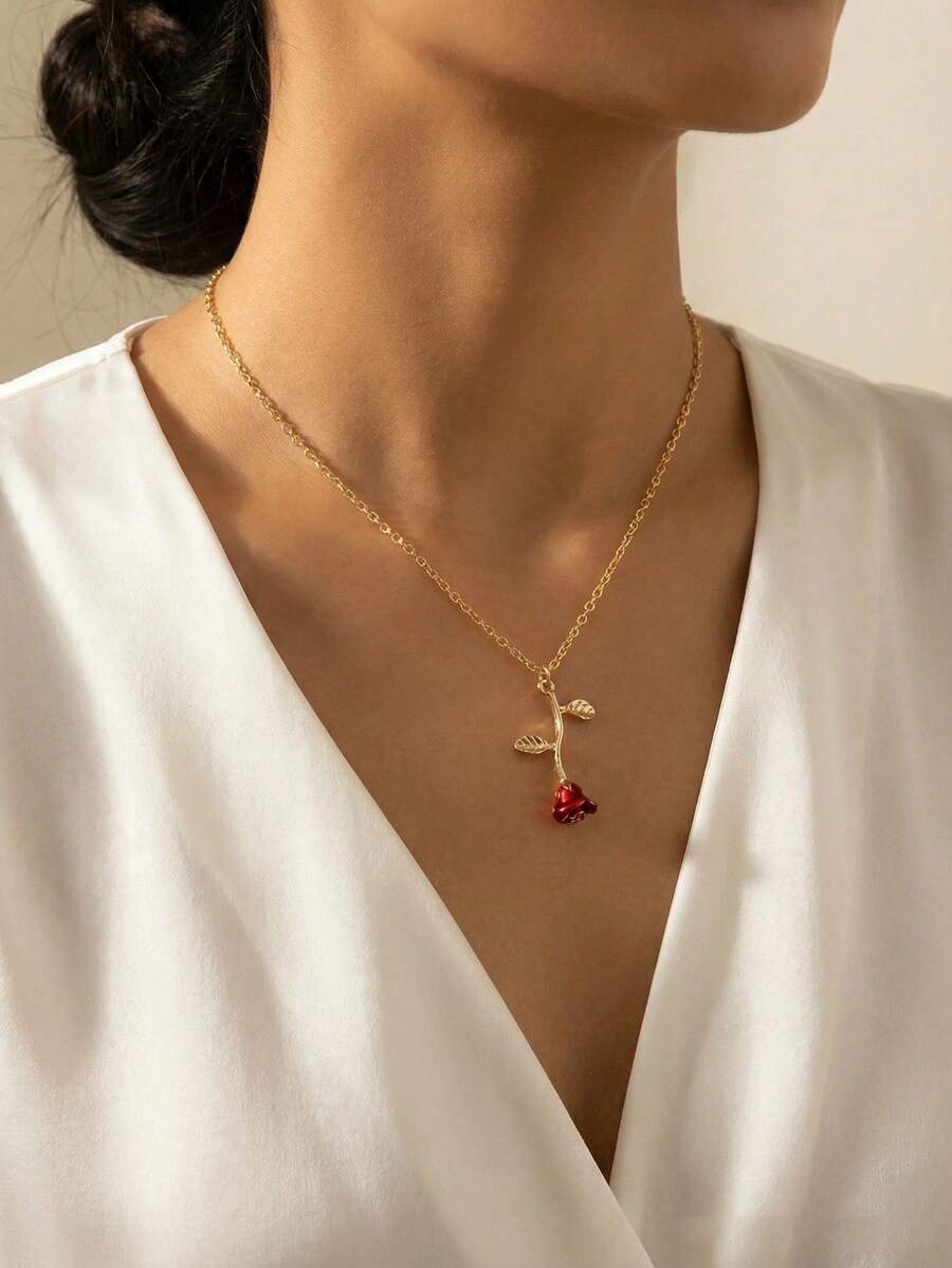 1 Peça Bestseller Romântico Colar de Flor de Rosa de Dia dos Namorados, Colar Gargantilha Pingente Floral 3D, Presente para Namorada - rosas - Visão 1