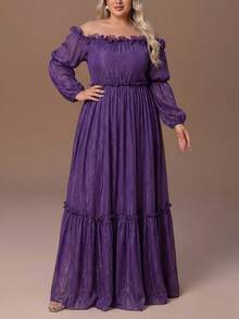 大码露肩长袖伴娘礼服，荷叶边A字型长款礼服 - 完美适用于正式婚礼、黑领结晚宴、派对、慈善活动和毕业舞会 - 紫色 - 查看 10