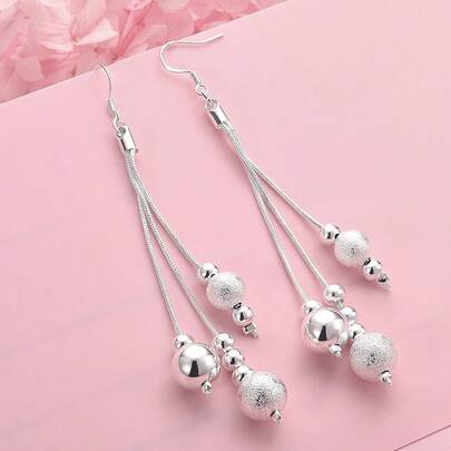 1对925纯银镀层精美流苏串珠耳环 - 时尚迷人的派对礼品配饰珠宝
