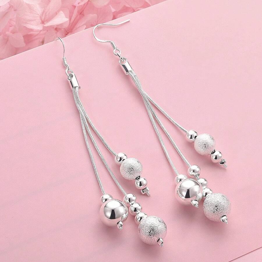 1 Pair 925 Sterling Silver Plated Exquisite Tassel Beaded Earrings - Stylish And Charming Party Gift Accessories Jewelry - Silver - View 1