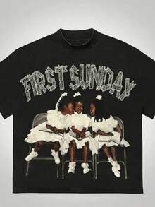 "FIRST SUNDAY" Themed Print T-Shirt, Children Graphic |   Loose Fit |   Black Casual TopMinimalist Style  Sweatshirt ,Oversized Tee - màu đen - Xem 11