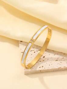 18K Gold Plated Four-Leaf Clover Bracelet, Roman Numeral Design, Cubic Zirconia Stackable Bracelet, Fashionable Jewelry For Daily And Party Wear - Gold - View 3