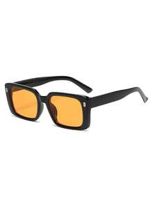1 Pair Black Frame Yellow Square Retro Large Frame Flattering Fashion Glasses, Suitable For Street Photography, Driving, Vacation, Beach, Outfit - Black - View 4