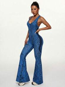 1pc Seamless Snake Skin Pattern High Stretch Tummy Control Sports Yoga Jumpsuit For Women - Navy Blue - View 4