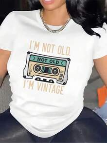 Women Vintage-Inspired Graphic T-Shirt I'm Not Old I'm Vintage Design With Cassette Tape Illustration Black White Tee For Casual Wear Comfortable And Durable Perfect For Home Or Restaurant Use Vintage T Shirts - White - View 1