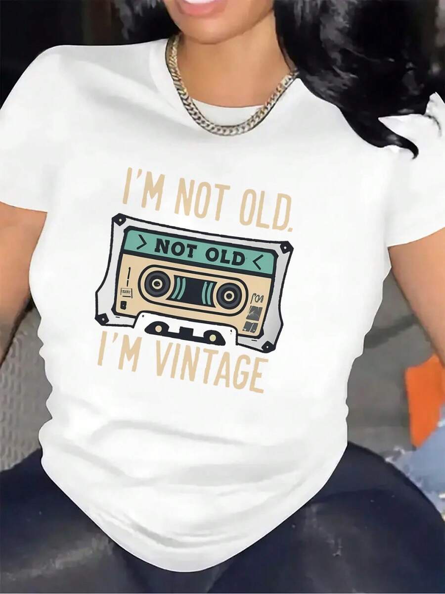 Women Vintage-Inspired Graphic T-Shirt I'm Not Old I'm Vintage Design With Cassette Tape Illustration Black White Tee For Casual Wear Comfortable And Durable Perfect For Home Or Restaurant Use Vintage T Shirts - White - View 1