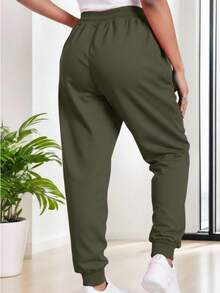 Pantalón deportivo joggers dama mujer jaretas puños cintura elástica cómodos frscos ligeros ajustables modernos juveniles diario casa día noche casuales diario athleisure pans pants lisos resorte - Verde militar - Ver 2