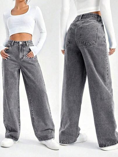 CHILAM Pantalones vaqueros casuales de pierna ancha y corte holgado con bolsillos para mujeres, Jeans diarios simples de unicolor para mujer, Jesns holgados lavados para mujer