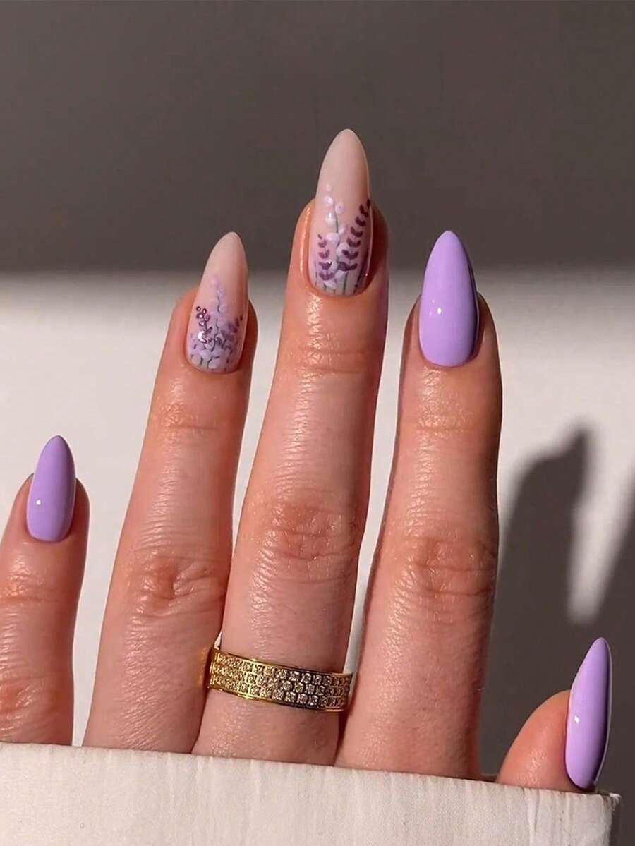 Bộ 24 miếng dán móng tay ngắn hình hoa oải hương màu tím, thích hợp cho các cô gái sành điệu, phụ nữ công sở, dự tiệc, hẹn hò, sử dụng hàng ngày và các ngày lễ. - Nhiều màu - Xem 1