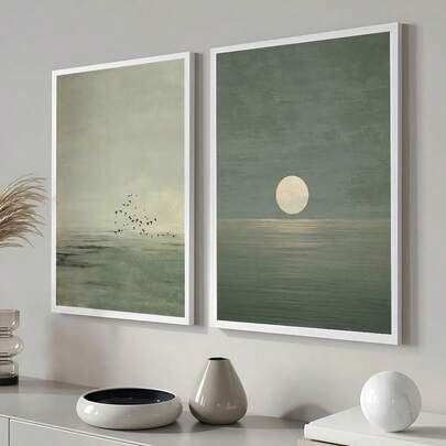 1/2幅/套极简主义帆布墙画，日式抽象风景画，鼠尾草绿日落设计，斯堪的纳维亚禅意风格墙面装饰，大地色系波西米亚风格艺术，适用于房间、卧室、客厅、家居装饰、卧室墙面艺术，现代中性色调艺术品，营造宁静的家居氛围，不含画框