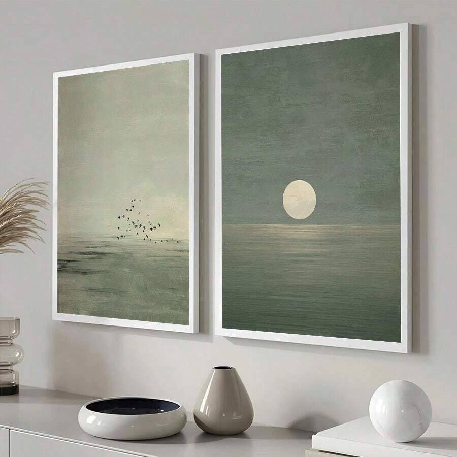 1/2 pieza/set Pinturas de lienzo minimalistas, pósteres de paisaje abstracto japonés, diseño de atardecer verde salvia, decoración de pared estilo escandinavo zen, arte de estilo bohemio de color tierra, adecuado para habitación, dormitorio, sala de estar, decoración del hogar, arte de pared del dormitorio, piezas de arte de tono neutral moderno, creando una atmósfera de hogar pacífica, sin marcos incluidos - verde menta - Ver 1