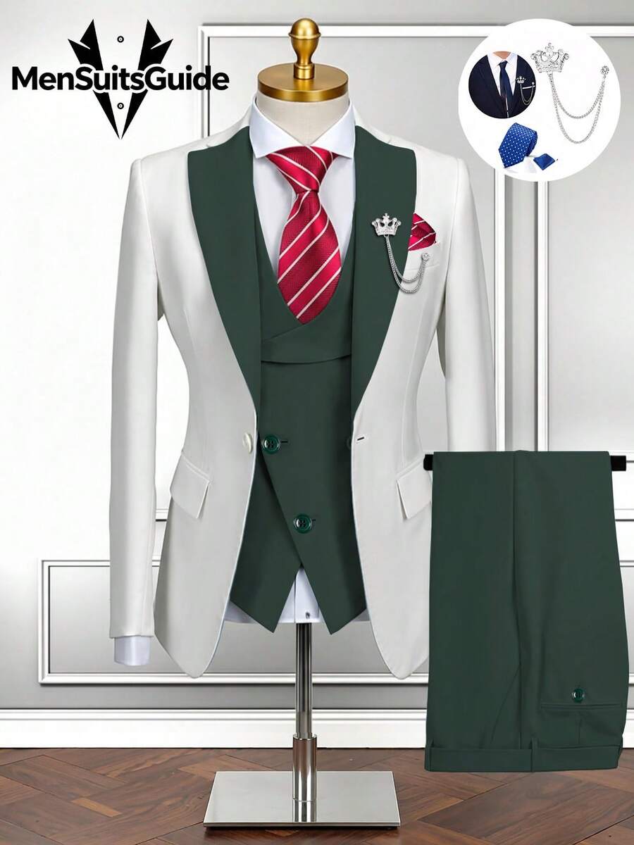 Men's Suits Slim Fit 6 Piece Suits For Men Double Breasted Suit With Tie Brooch Pocket Square Wedding Suits Jacket Vest Pants Tuxedo Suit Set(Suits+Pants+Vest+Tie+Brooch+Pocket Square)For Business Dinner Wedding Party, Suitable For Formal Occasions, Perfect Gift For Business Professionals Spring/Summer/Fall, Formal Attire|Sleek Formal Attire|Nonstretch Fabric - 墨綠色 - 查看 1