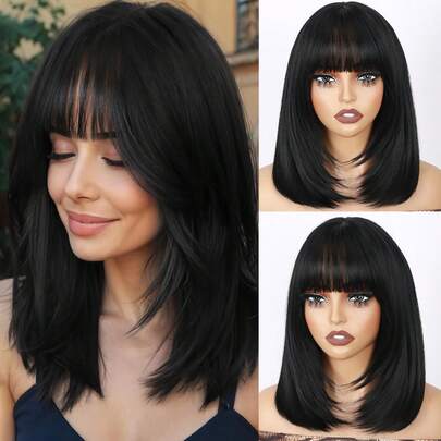Black Layered Wigs With Bangs Short Glueless Wig Straight Synthetic Bob Wigs For Women Natural Scalp Daily Cosplay Use Layered Bob Straight Cut Wigs Short Bob Wig Ombre Blonde