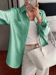 Look Polly 女士条纹长袖衬衫，单排扣休闲时尚款，秋季服装，口袋设计，返校穿搭，复古风女士条纹衬衫，圣诞节穿搭，春季服装 - 深綠色 - 查看 9