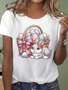 Camiseta Casual De Mujer Con Estampado De Conejito De Pascua Y Huevos Coloridos - Top De Manga Corta Y Cuello Redondo Suave Y Elástico Para Atuendos Festivos De Primavera-Verano, Ropa De Conejo, Camisa De Celebración, Tejido De Elasticidad Media - [Blanco] - Ver 3