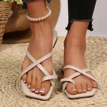 Square Toe Flat Shoes For Women Summer Sandals Slides Casual Outdoor Beach Fashionable Slippers Flip Flops - Apricot - View 3