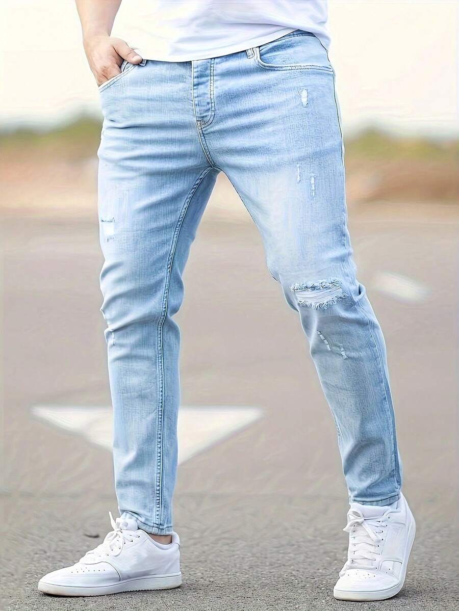 Jeans pitillo desgastados de color azul claro - Pantalones vaqueros elásticos con roturas de estilo urbano - azul claro - Ver 1