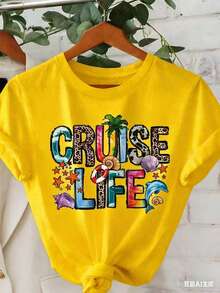 Women "Cruise Life" Summer Vibe Letter Print Short Sleeve Crew Neck T-Shirt-White And Navy Off-The-Shoulder Cropped Top Thanksgiving And Christmas - 黃色 - 查看 1