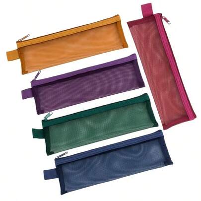 5pcs Portable Durable Nylon Mesh Makeup Brush Organizer Bag, Multi-Color Options, Transparent View, Large Capacity Lipstick Storage Pouch, Multi-Functional Cosmetic Bag, Suitable For School, Office And Travel Essentials