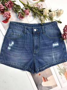 性感破洞女式牛仔短裤做旧亚麻夏季街头时尚叠层破洞牛仔裤 - 藍色 - 查看 6