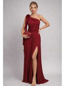 Bridesmaid Dress For Party Guests Reception Graduation Without Shine Cape Sleeve In Fluity Cpom Flower Brooch - 紅木色 - 查看 2