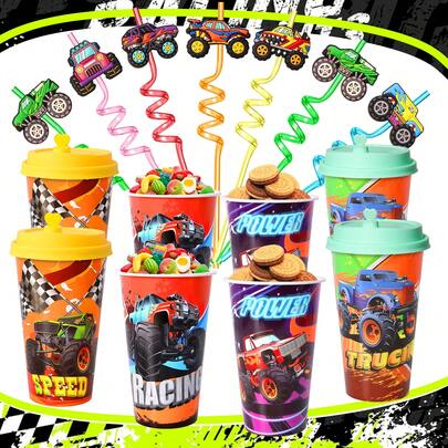 סט כוסות למסיבת משאית רב פעמיות של 8 יחידות עם קשיות, כוסות ממתקים למסיבת יום הולדת, מתאים למיץ, מילקשייק וקינוחים, מתנה מושלמת לחגיגת יום הולדת ומסיבת מכוניות