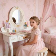 TOCADOR INFANTIL CON ESPEJO GIRATORIO 360°|Mesa de Maquillaje y Escritorio 2 en 1 para Niñas|Material Ecológico No Tóxico - Blanco - Ver 10