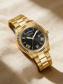 Guess Reloj de lujo para  inoxidable dorado, esfera negra con ventana de fecha, reloj de pulsera de negocios con números romanos GW0265G3 - Negro - Ver 6