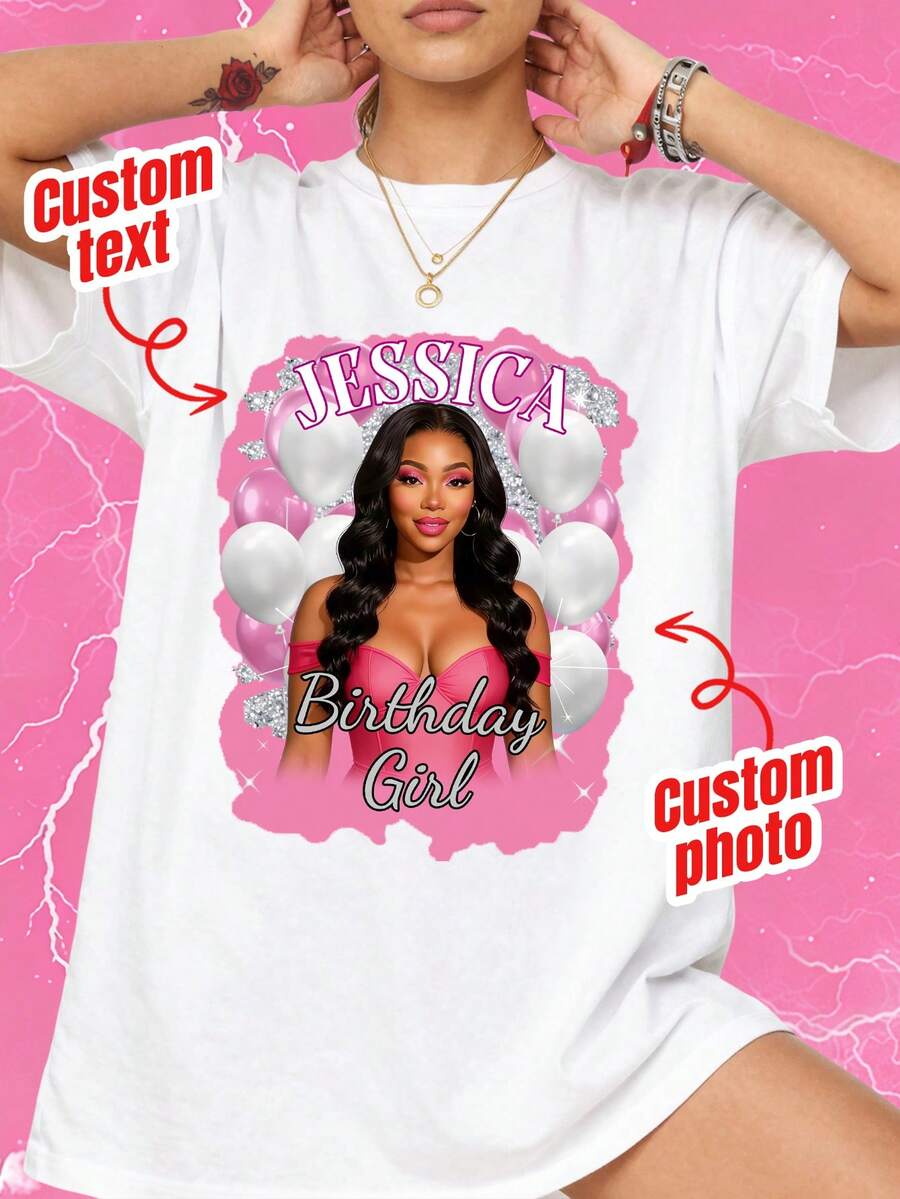 Customized Birthday Photo T-Shirt, Personalized Birthday Gift, Customized Retro Rap Birthday Theme T-Shirt, Personalized Single Party T-Shirt, Suitable For Daily Wear/Wedding Party/Company Gathering/Family Gathering, Holiday Gift, Mother's Day, Father's Day, Anniversary, Valentine's Day - White - View 1