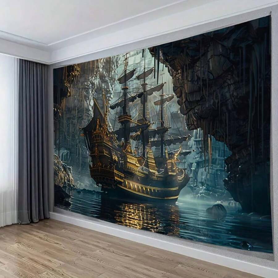 1pc Large Pirate Ship Tapestry - Dark Gothic Nautical Wall Ging With Golden Sailing Ship, //// /, & Golden Pirate Decor For Bedroom, Living Room - 1PC - 查看 1