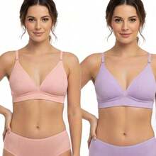 Kit Of 1 To 2 Ribbed Bras With Padded Cups, No Underwire, Thin Adjustable Straps, Comfortable And Wrinkle-Free - 2 BRAS (PINK/LILAC) - View 1