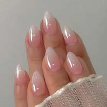 Pink Ombre Acrylic Press On Nails Short Almond Acrylic Nails Press Ons Full Cover Glue On Fake Nail With Silver Glitter Designs Reusable Artificial Stick On False Nail For Women 32Pcs - 01粉白漸變 - 查看 7