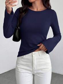 Women Casual Bell Long Sleeve Boat Neck Solid Color Fitted Shirts Spring Fall Autumn Y2K Club Going Out Tops Clothes - Màu xanh hải quân - Xem 6