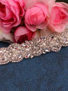 1pc Geometric Pattern Vintage Glass Bridal Waist Belt, Wedding Dress Rhinestone Waist Sash, Formal Gown Accessory - White - View 3