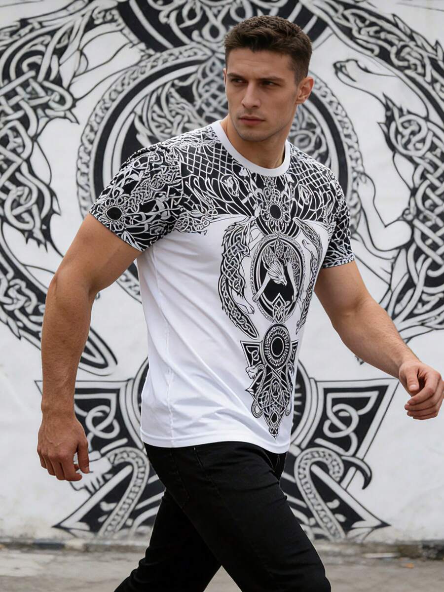 Men's Celtic Knot & Dragon Print T-Shirt - Black & White Contrast Graphic, Regular Fit Crew Neck Casual Top, Machine Washable, Comfortable Artistic Print Shirt With Exquisite Details - White - View 1
