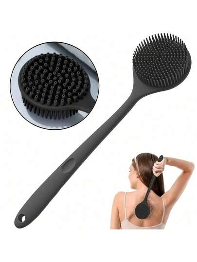 1 pieza Cepillo de baño de silicona de doble cara con mango largo - Exfoliante y limpiador profundo para la espalda y esponja de masaje, 6 colores (negro/cian/rosa/blanco/beige claro), cuidado suave y delicado para hombres y mujeres, adecuado para ducha o baño, herramienta de baño multifuncional | Cepillo de silicona