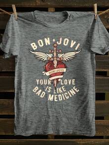 BON JOVI Band Printed Spring/Summer Casual Short-Sleeved Crew Neck T-Shirt, Relaxed Fit True To Color Casual Women's Wear Fashion Simple Oversized - 灰色 - 查看 2