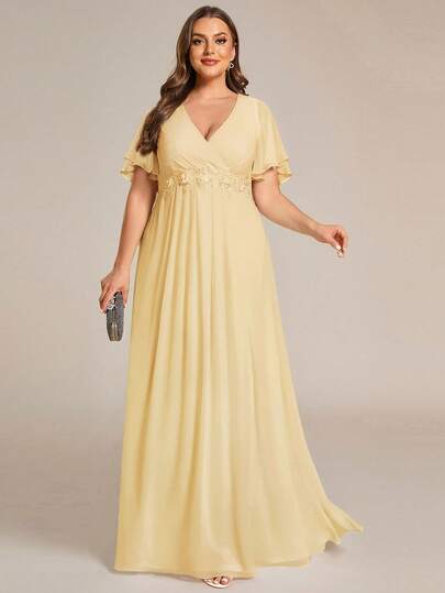 EVERPRETTY Plus Size Elegant Romantic V-Neck Waist Applique Ruffle Sleeve Chiffon Yellow Bridesmaid Dress, Long Maxi Dress Suitable For Wedding, Party, Spring & Summer